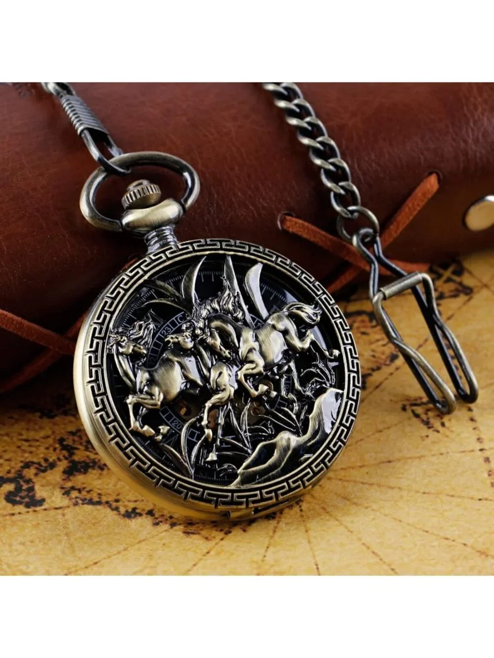 Men's Gold Bronze Horse Skeleton Roman Numerals Hollow Mechanical Pocket Watch